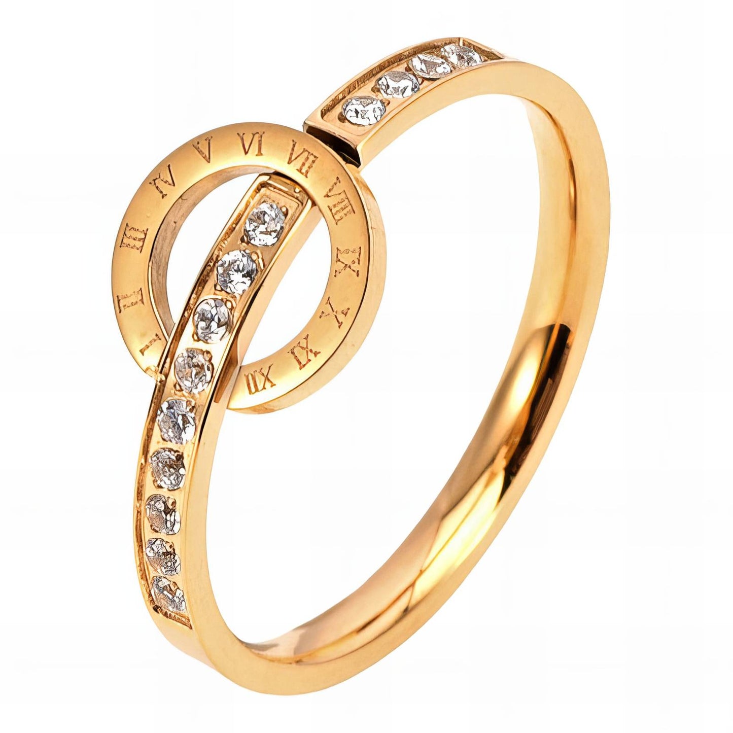 Bague en Or Rose avec Chiffre Romain, Orbite Éternelle — Design de Montre à Maillons de Cristal