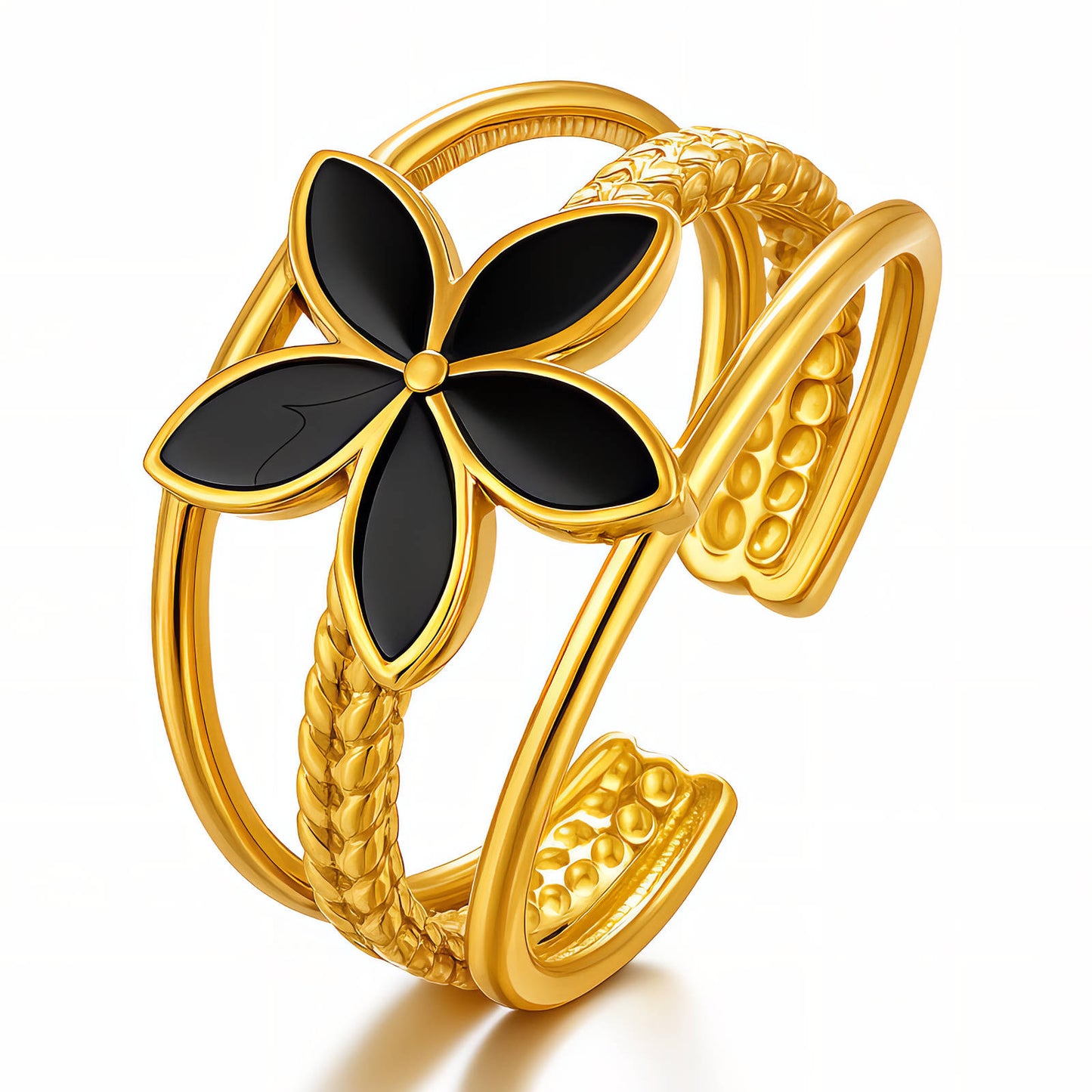 Midnight Bloom Adjustable Flower Ring — Black Enamel Floral in 18K Gold-Plated Finish
