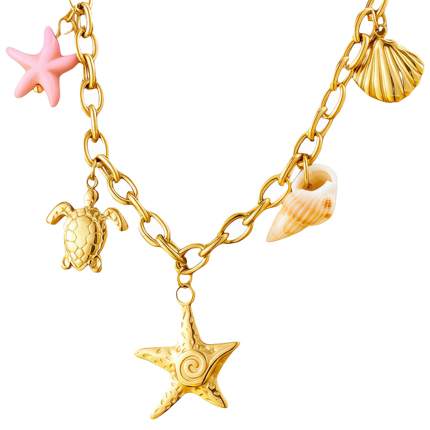 Collier Étoile de Mer « Charme Océanique » — Pendentif Côtier Plaqué Or 18K avec Accents Coquillages