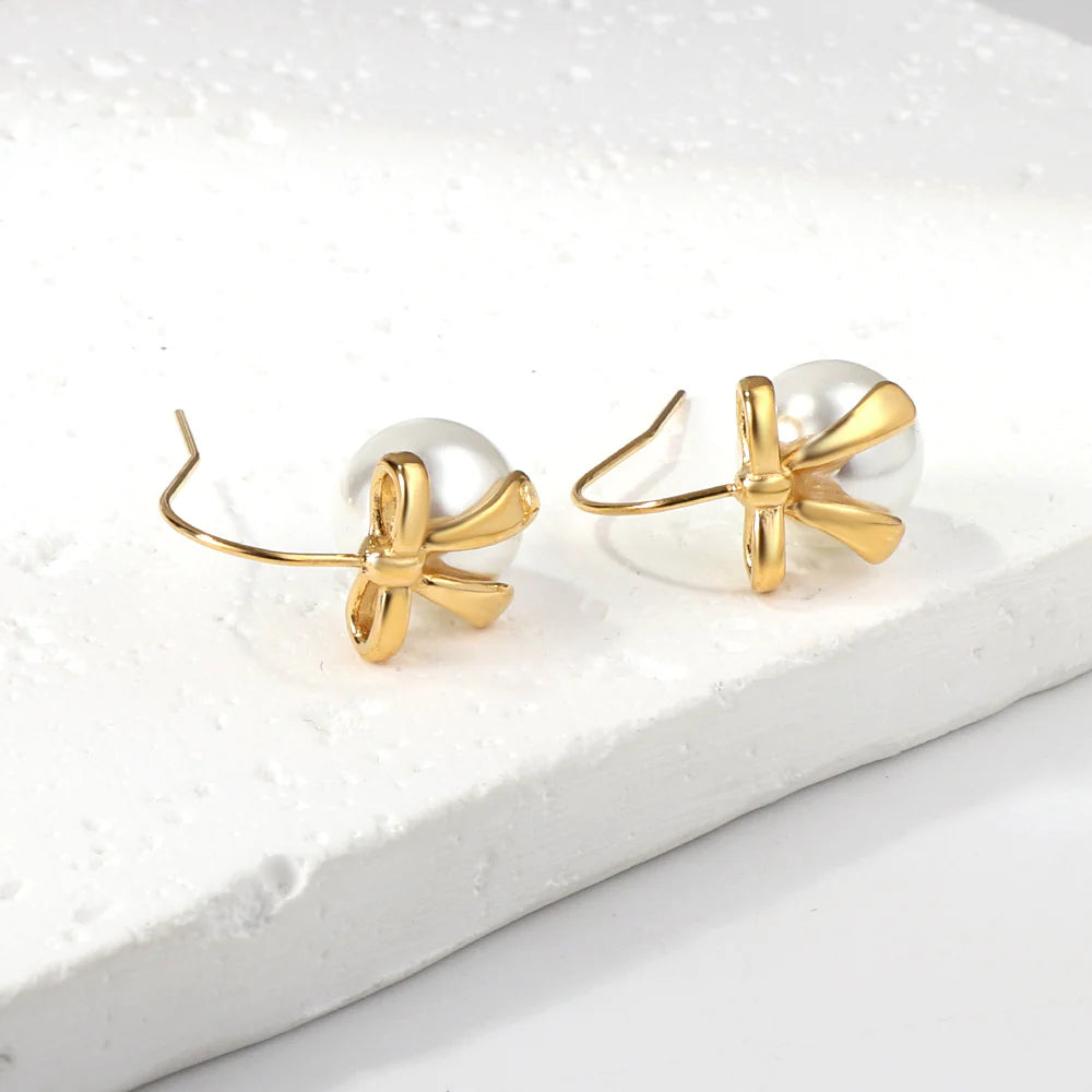 Elegant Bow White Pearl Drop Earrings — 18K Gold-Tone Chic