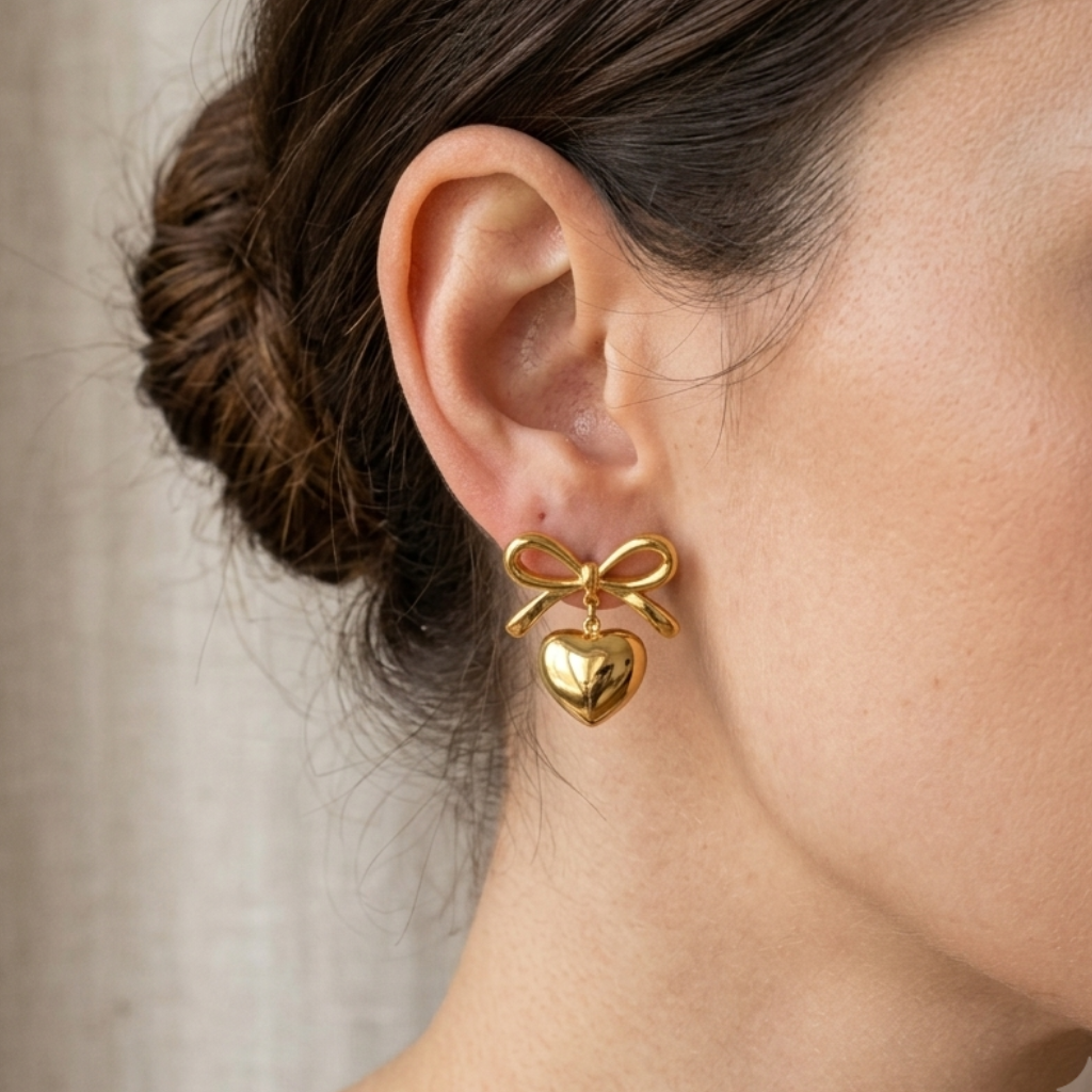 Bow Golden Heart Earrings – Stainless Steel 18k Gold Plated Earrings