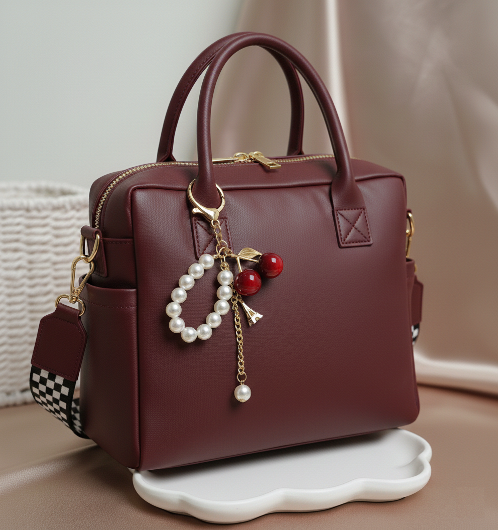 Porte-clés pendentif Cerise nacrée – Accessoire de sac de luxe doré