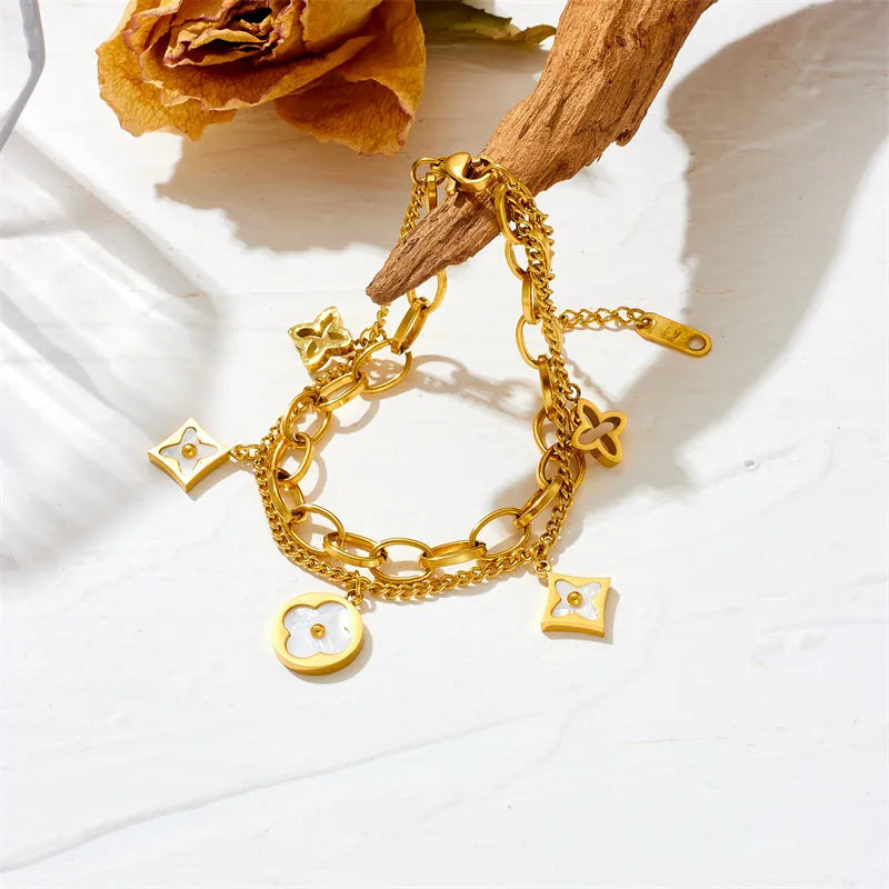 Blossom Double Layer Bracelet – 18K Gold Plated Stainless Steel Flower Bracelet
