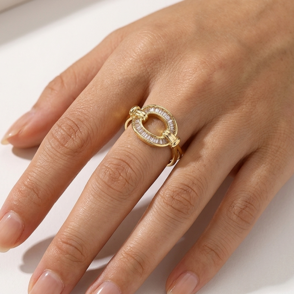 Luxe Halo Link Ring – 18K Gold Plated Zircon Adjustable Ring