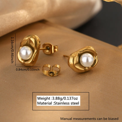 Gold earrings with pearls on a beige surface, showing measurements and material details.