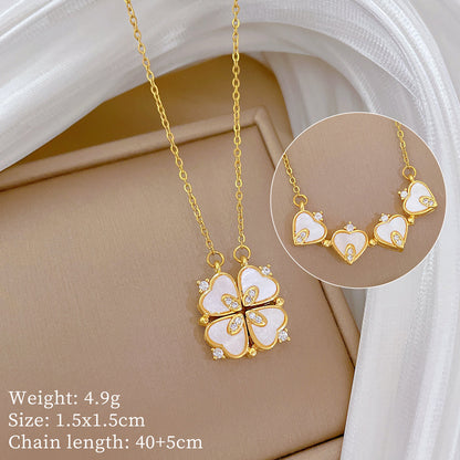 Collier Trèfle Éclat Ivoire – Pendentif Cœur en Pétales Doré avec Accents Scintillants
