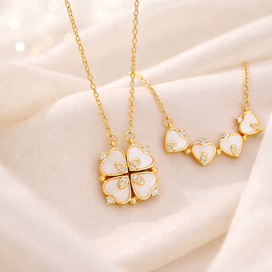 Ivory Clover Glow Necklace – Gold-Tone Heart Petal Pendant with Sparkling Accents