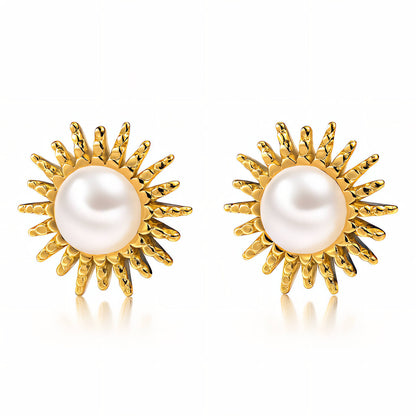 Golden Sunburst Pearl Stud Earrings — Radiant Floral-Inspired Elegance