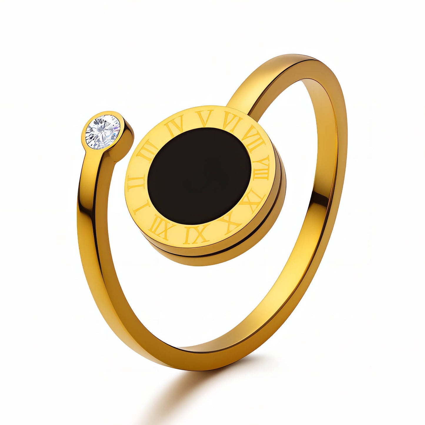 Eternal Orbit Roman Dial Ring — Black Enamel Gold Open Band