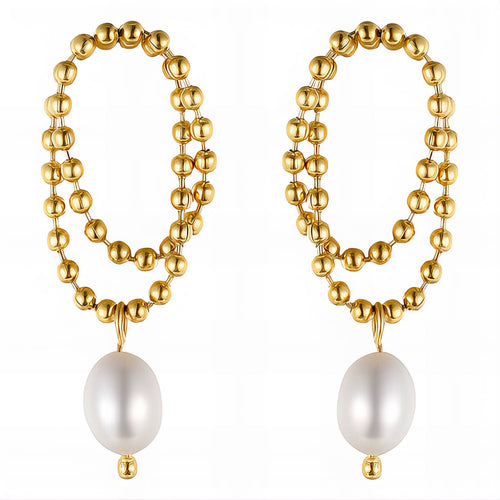 Aurora Pearl Loop Earrings — Gold Beaded Drop Statement Earrings
