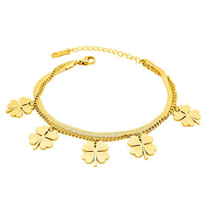 Bracelet à breloques Trèfle doré — Chaîne à plusieurs rangs avec motifs floraux porte-bonheur