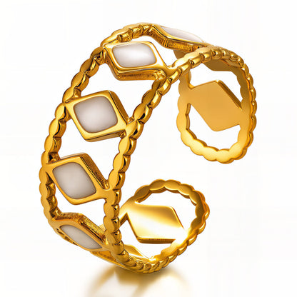 Golden Lattice Mother-of-Pearl Open Ring — Sculpted Geometric Statement