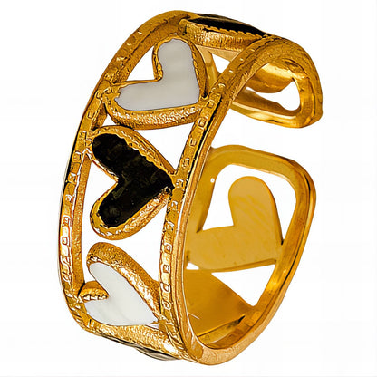 Eternal Hearts Open Ring — Dual-Tone White & Black Heart Gold Statement Ring