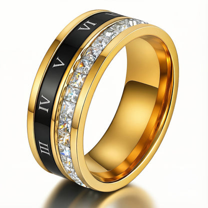 Bague Luxe Temps Éternel — Bande de Cristaux Plaquée Or à Chiffres Romains