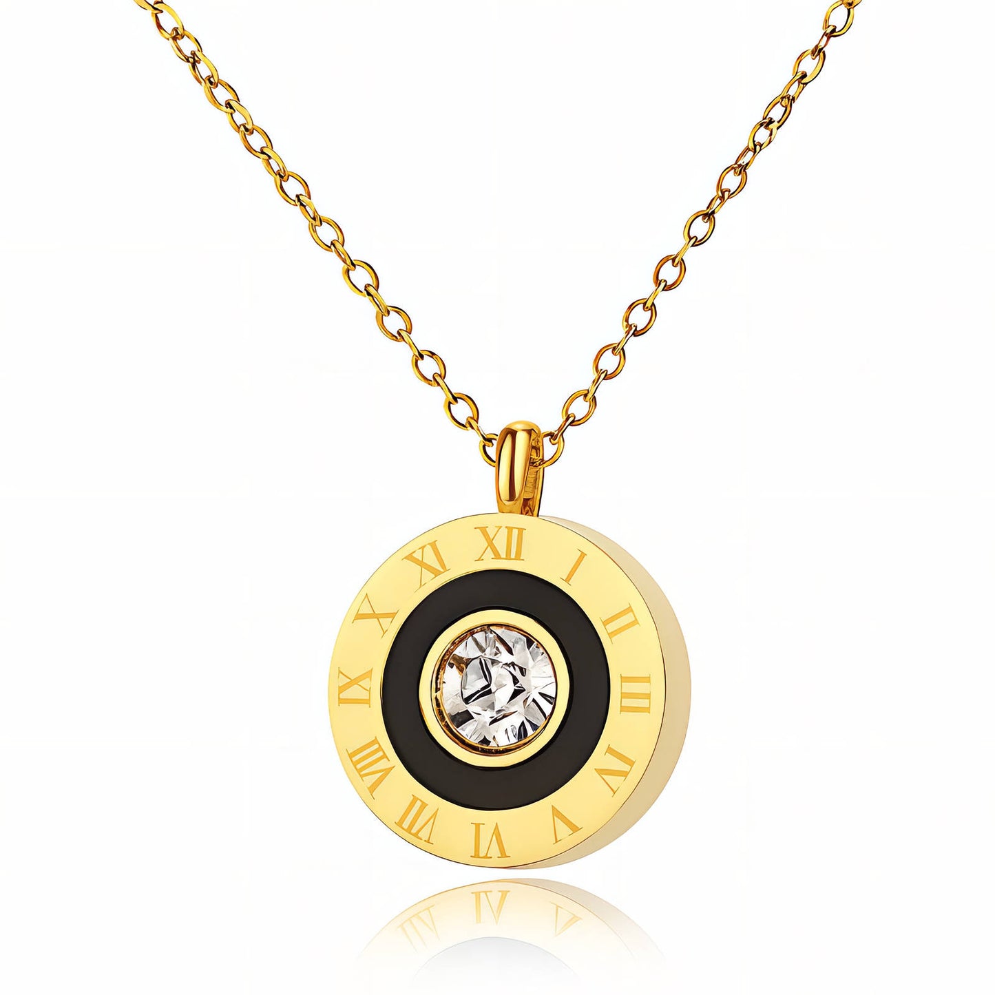 Collier « Temps Éternel » en or — Pendentif chiffres romains et cristaux (plaqué or 18 carats)