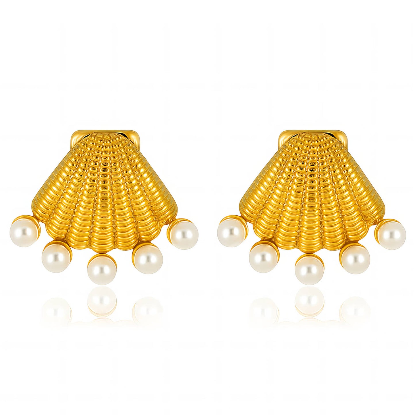 Golden Seashell Pearl Stud Earrings – Ocean-Inspired Gold-Tone Statement Jewelry