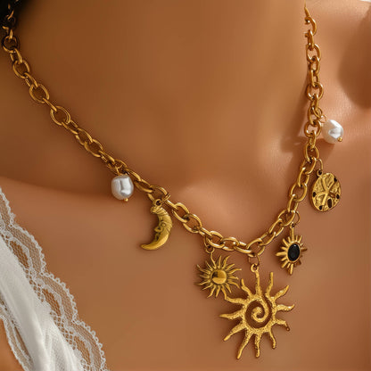 Celestial Harmony Charm Necklace — Crescent Moon & Radiant Sun