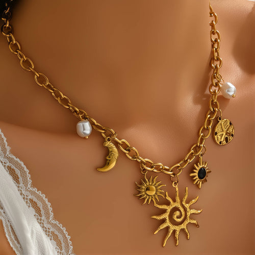 Celestial Harmony Charm Necklace — Crescent Moon & Radiant Sun
