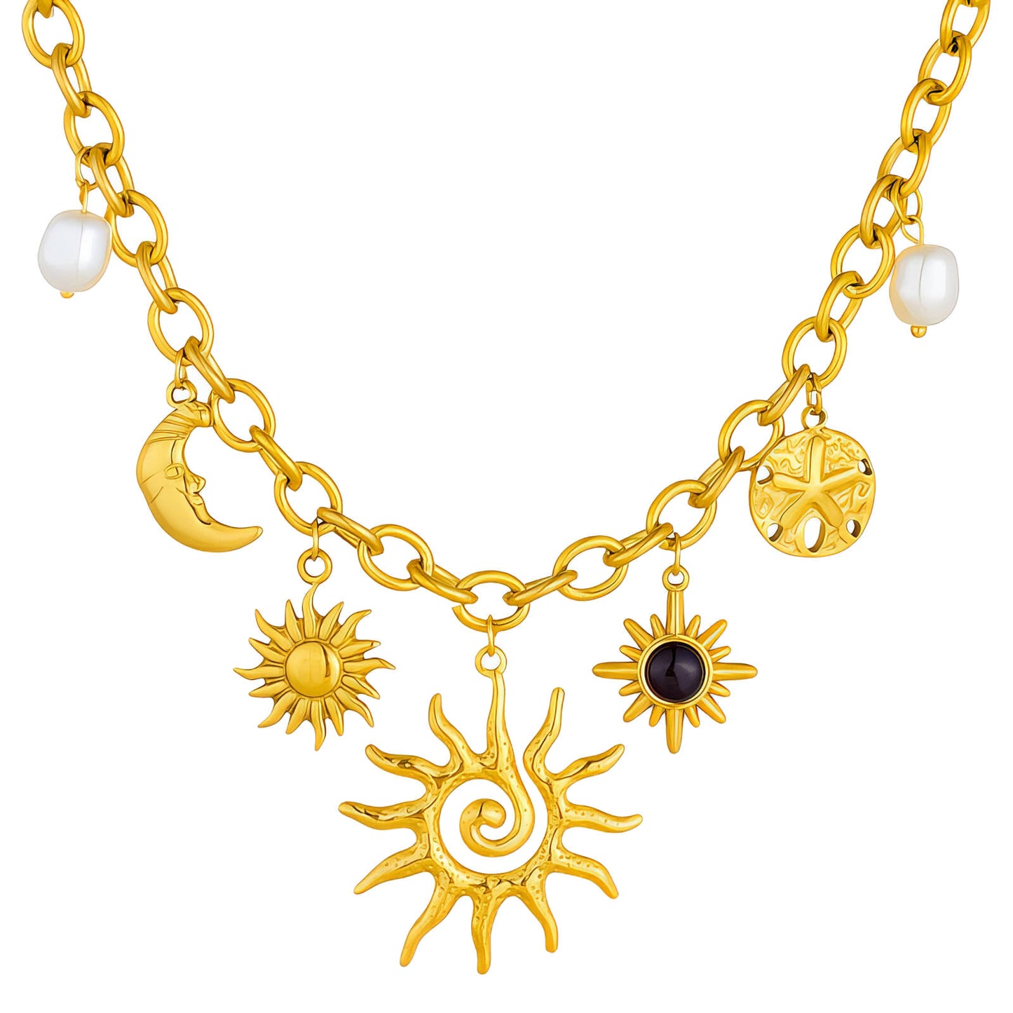 Celestial Harmony Charm Necklace — Crescent Moon & Radiant Sun