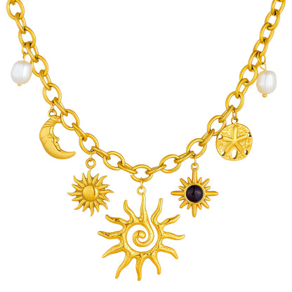 Celestial Harmony Charm Necklace — Crescent Moon & Radiant Sun
