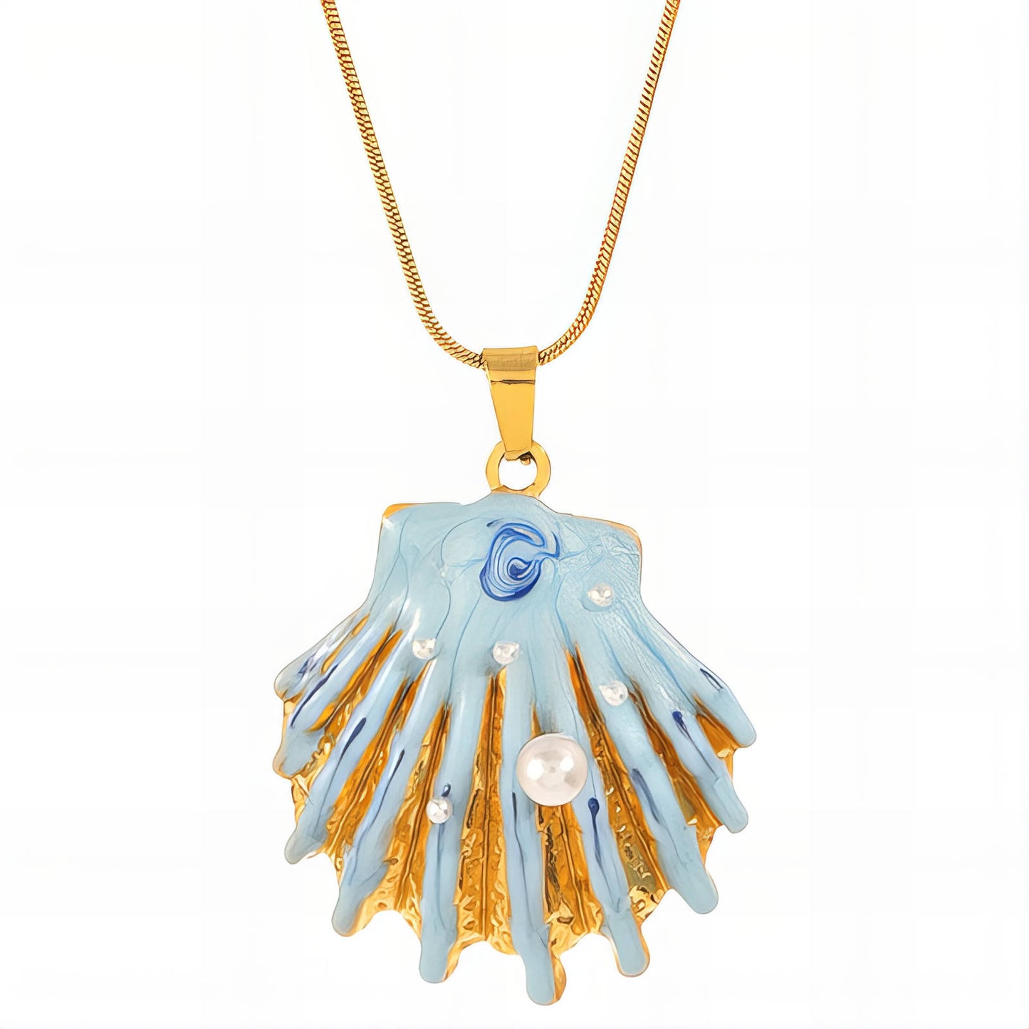 Ocean Bloom Claw Necklace — Blue Enamel Seashell Pendant with Pearl Accent (18K Gold-Plated)