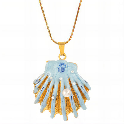 Ocean Bloom Claw Necklace — Blue Enamel Seashell Pendant with Pearl Accent (18K Gold-Plated)