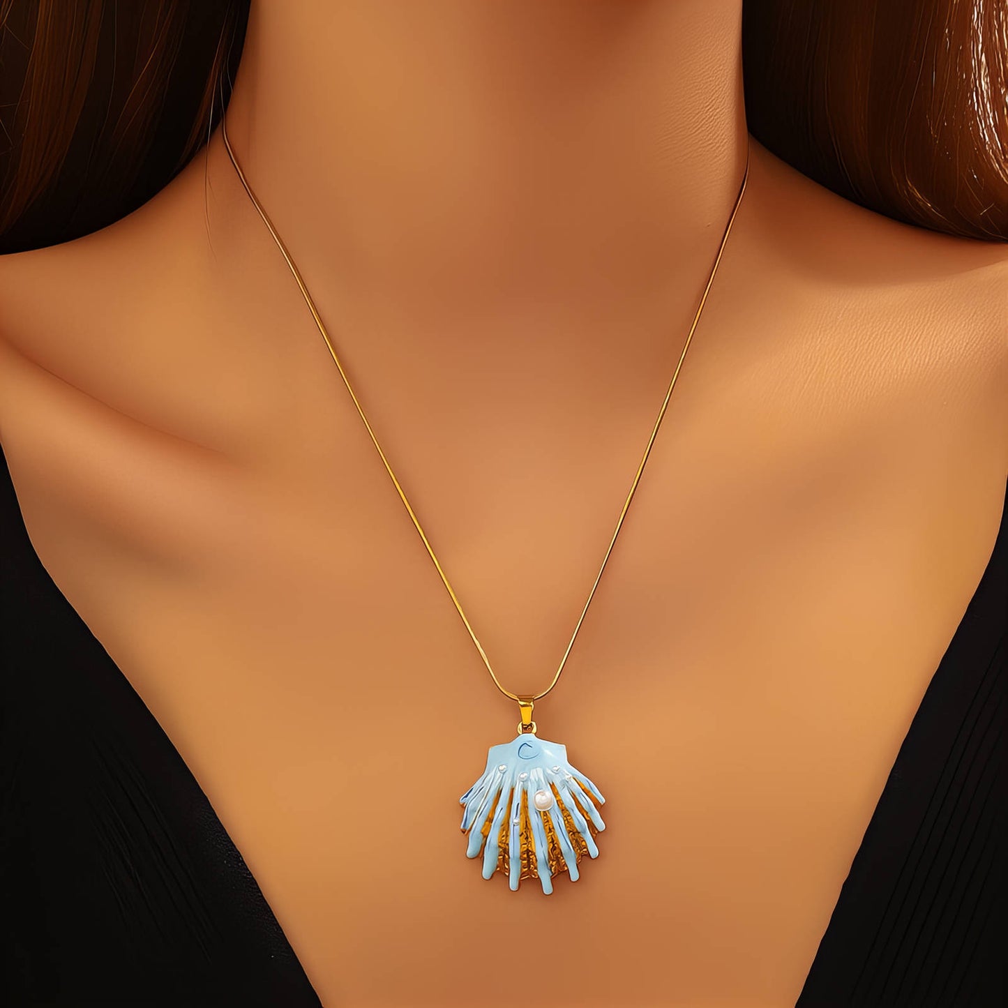 Ocean Bloom Claw Necklace — Blue Enamel Seashell Pendant with Pearl Accent (18K Gold-Plated)