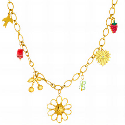 Golden Garden Charm Necklace — Playful Floral & Fruit Accents in 18K Gold Tone
