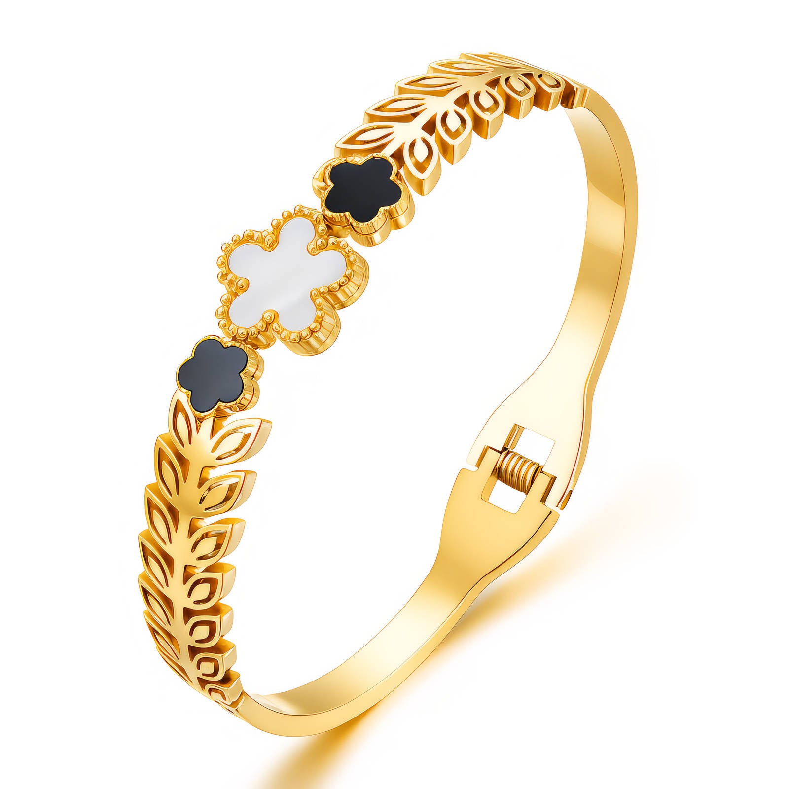 Gold bracelet with floral designs on a white background