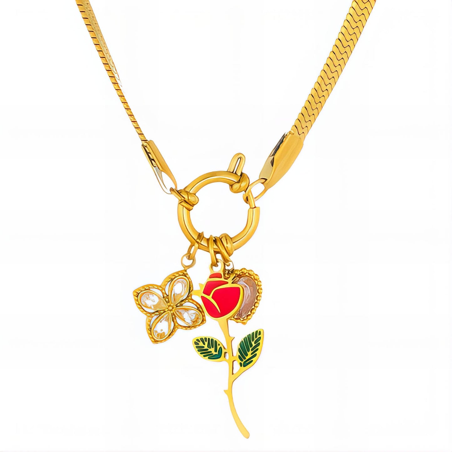 Enchanted Rose Charm Necklace — Floral Trio Pendant in 18K Gold-Plated Finish