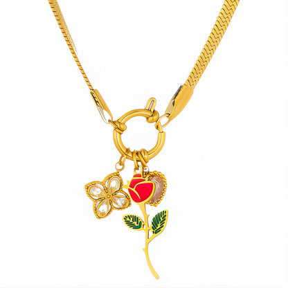Enchanted Rose Charm Necklace — Floral Trio Pendant in 18K Gold-Plated Finish