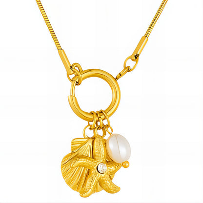 Ocean Whisper Starfish & Seashell Necklace — Gold-Tone Coastal Charm Pendant