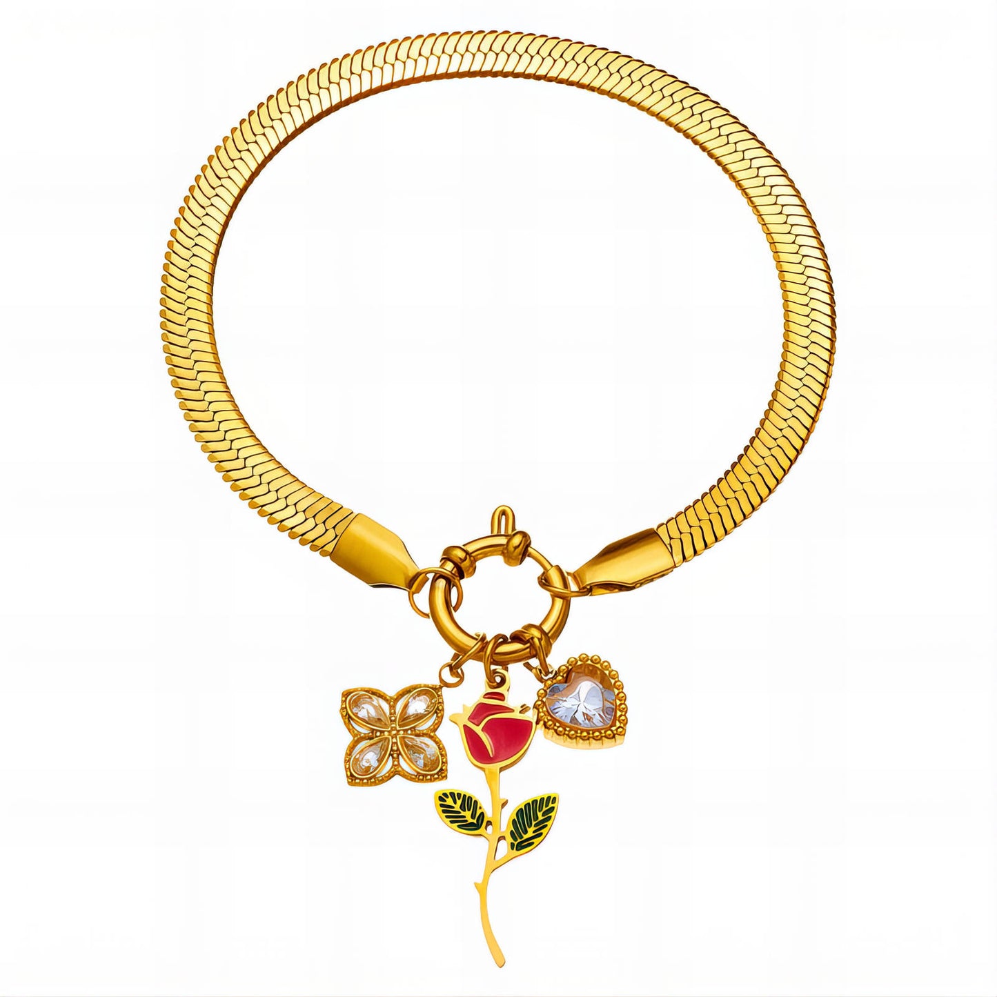 Bracelet « Jardin Doré » – Motif floral et rose avec cœur en cristal (plaqué or 18 carats)