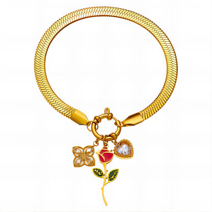 Bracelet « Jardin Doré » – Motif floral et rose avec cœur en cristal (plaqué or 18 carats)