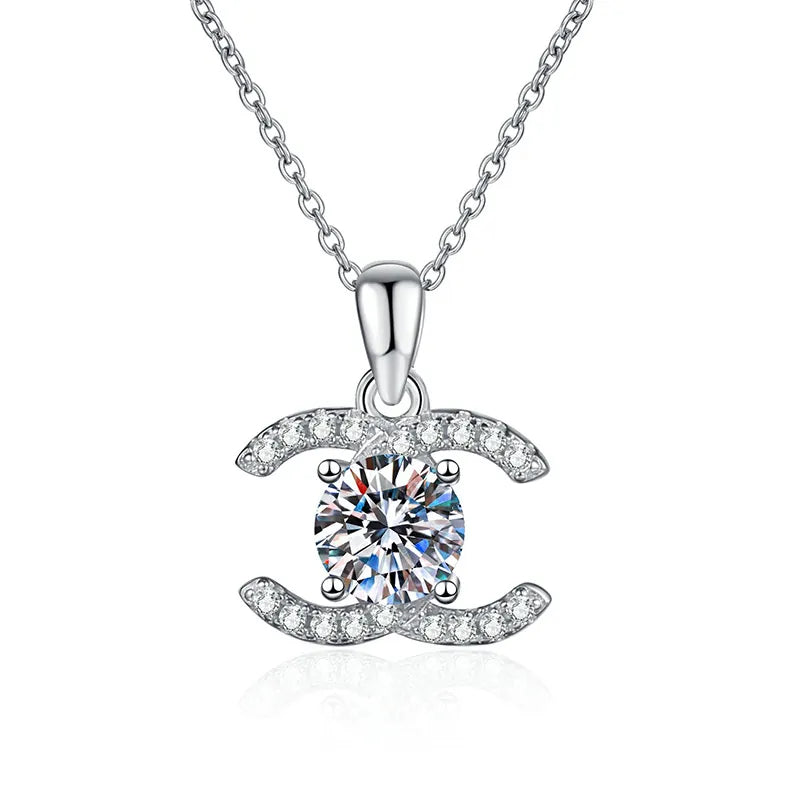 Double C Moissanite Pendant Necklace - Platinum Tone