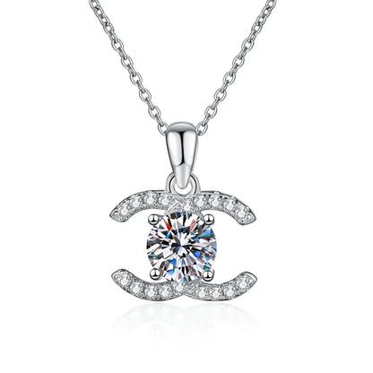 Double C Moissanite Pendant Necklace - Platinum Tone