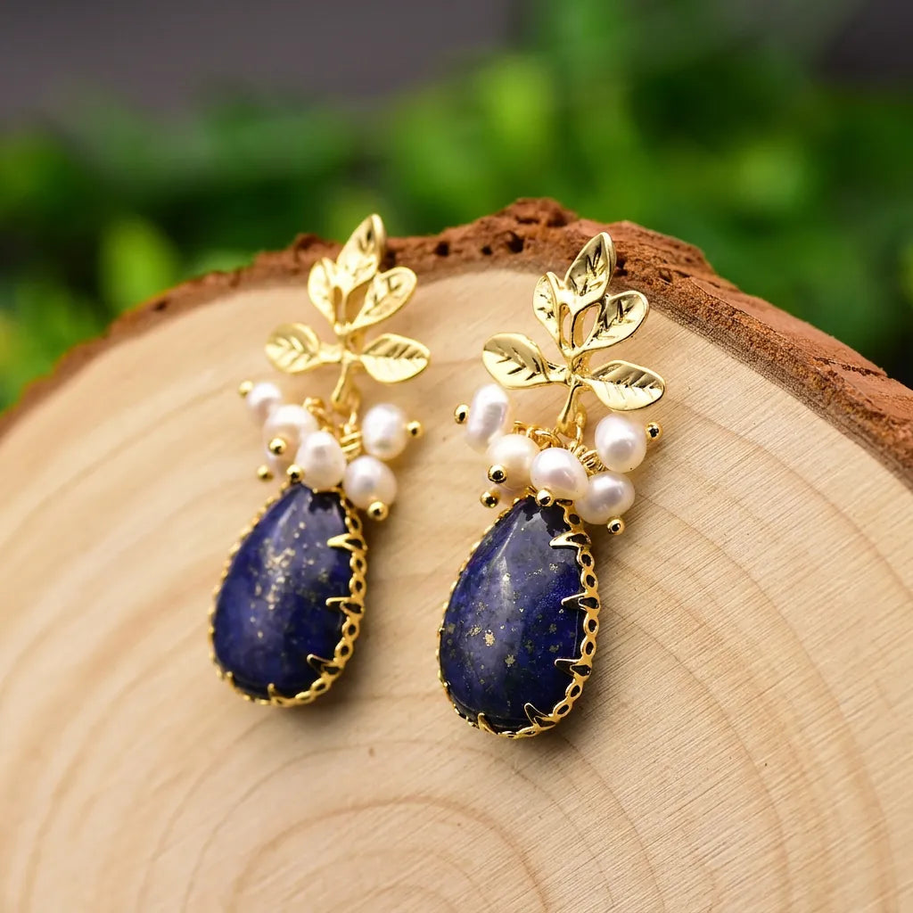 Baroque Pearl & Natural Stone Drop Earrings - Lapis Lazuli