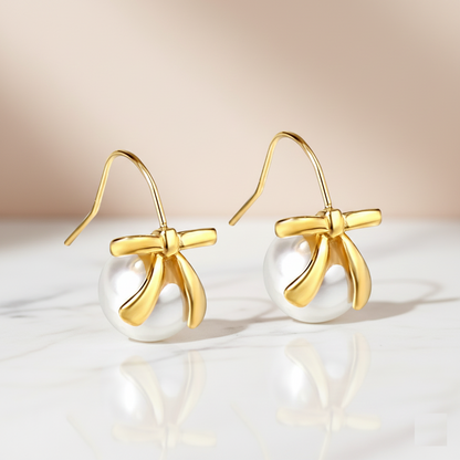 Elegant Bow White Pearl Drop Earrings — 18K Gold-Tone Chic