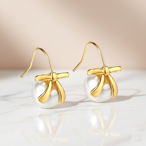 Elegant Bow White Pearl Drop Earrings — 18K Gold-Tone Chic