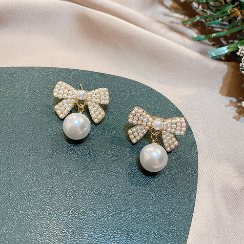 Pearl Bow Drop Earrings