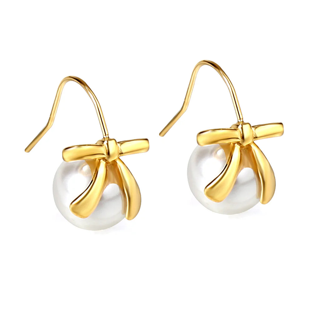 Elegant Bow White Pearl Drop Earrings — 18K Gold-Tone Chic