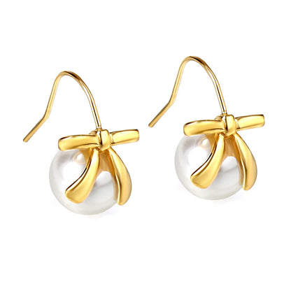Elegant Bow White Pearl Drop Earrings — 18K Gold-Tone Chic