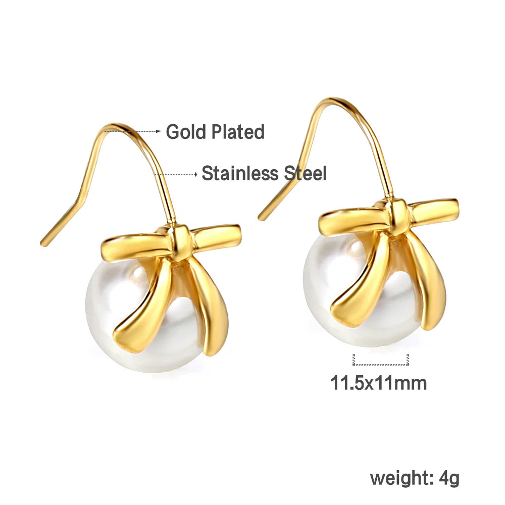 Elegant Bow White Pearl Drop Earrings — 18K Gold-Tone Chic