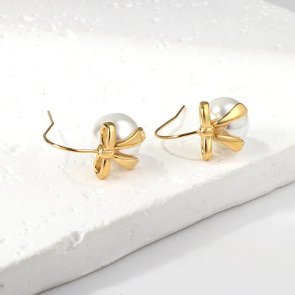 Elegant Bow White Pearl Drop Earrings — 18K Gold-Tone Chic