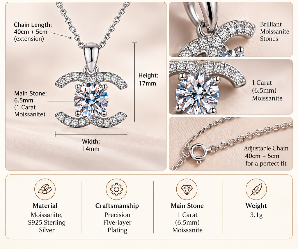 Double C Moissanite Pendant Necklace (925 sterling silver)