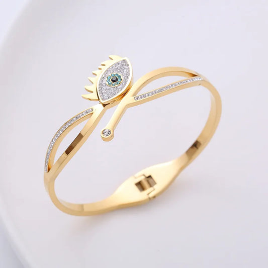 Stainless Steel Evil Eye Spring Bangle - Gold