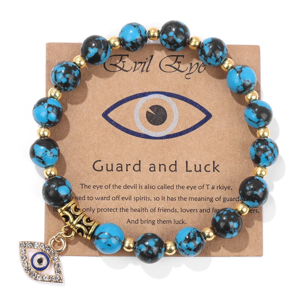 Natural Stone Evil Eye Beaded Bracelet - Black Line Blue Turquoise