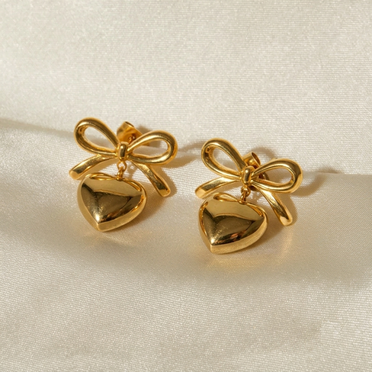 Bow Golden Heart Earrings – Stainless Steel 18k Gold Plated Earrings