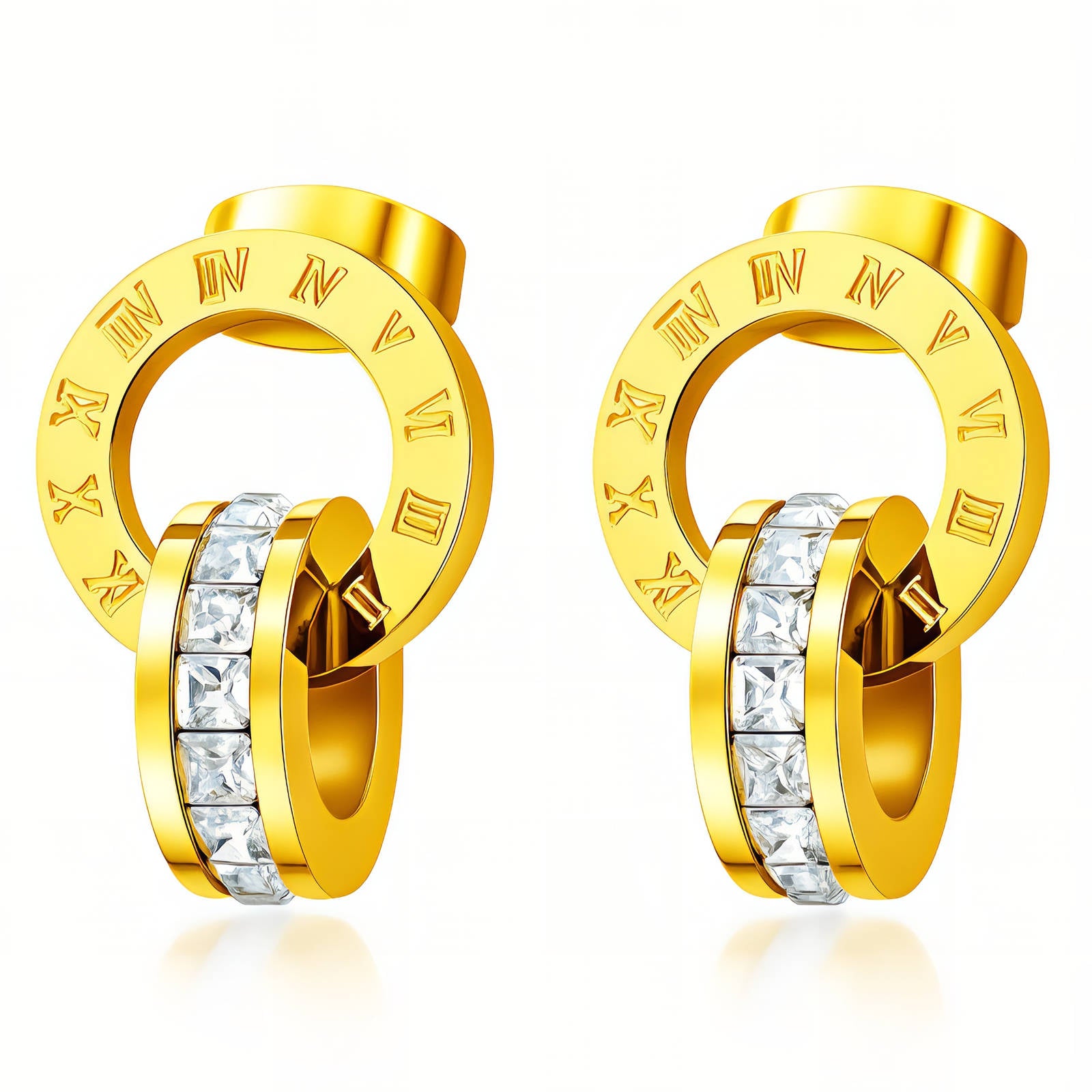 Gold hoop earrings with embedded crystals on a white background