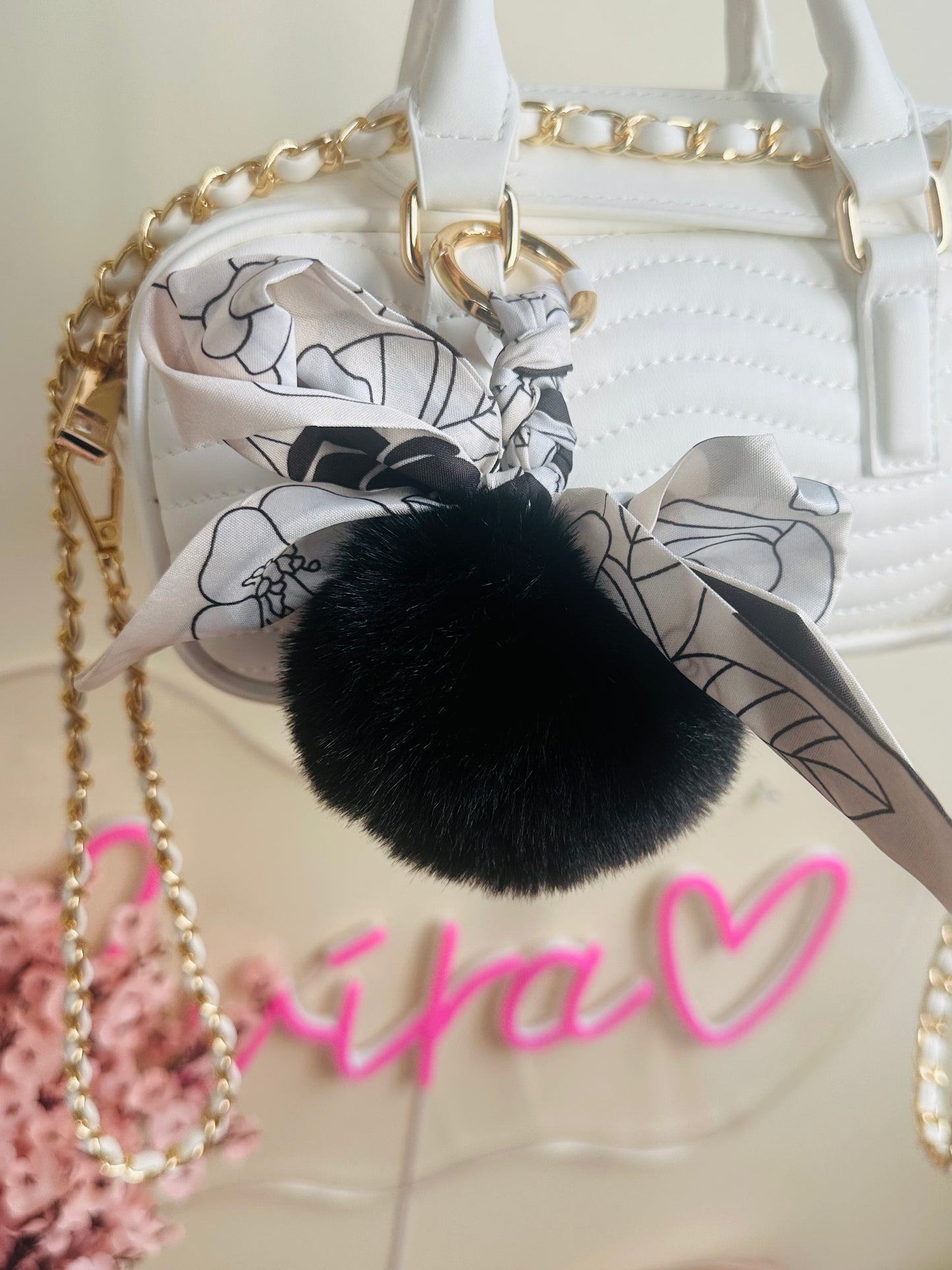Pom Pom Bag Charm with Bow Scarf